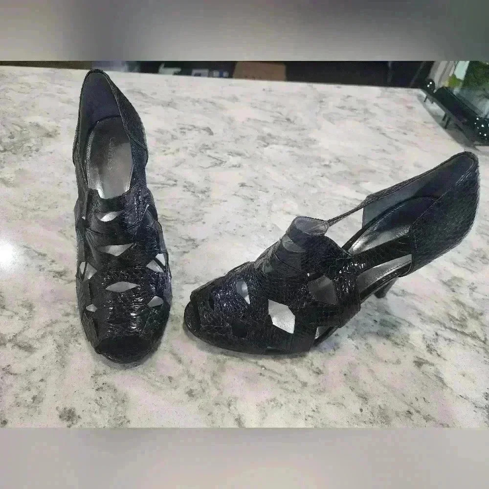 Calvin Klein Womens Snakeskin Leather High Heel Sandals Black Size 7M
